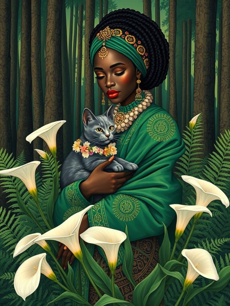 Yoruba Woman with Cat in Japanese Woodblock Style