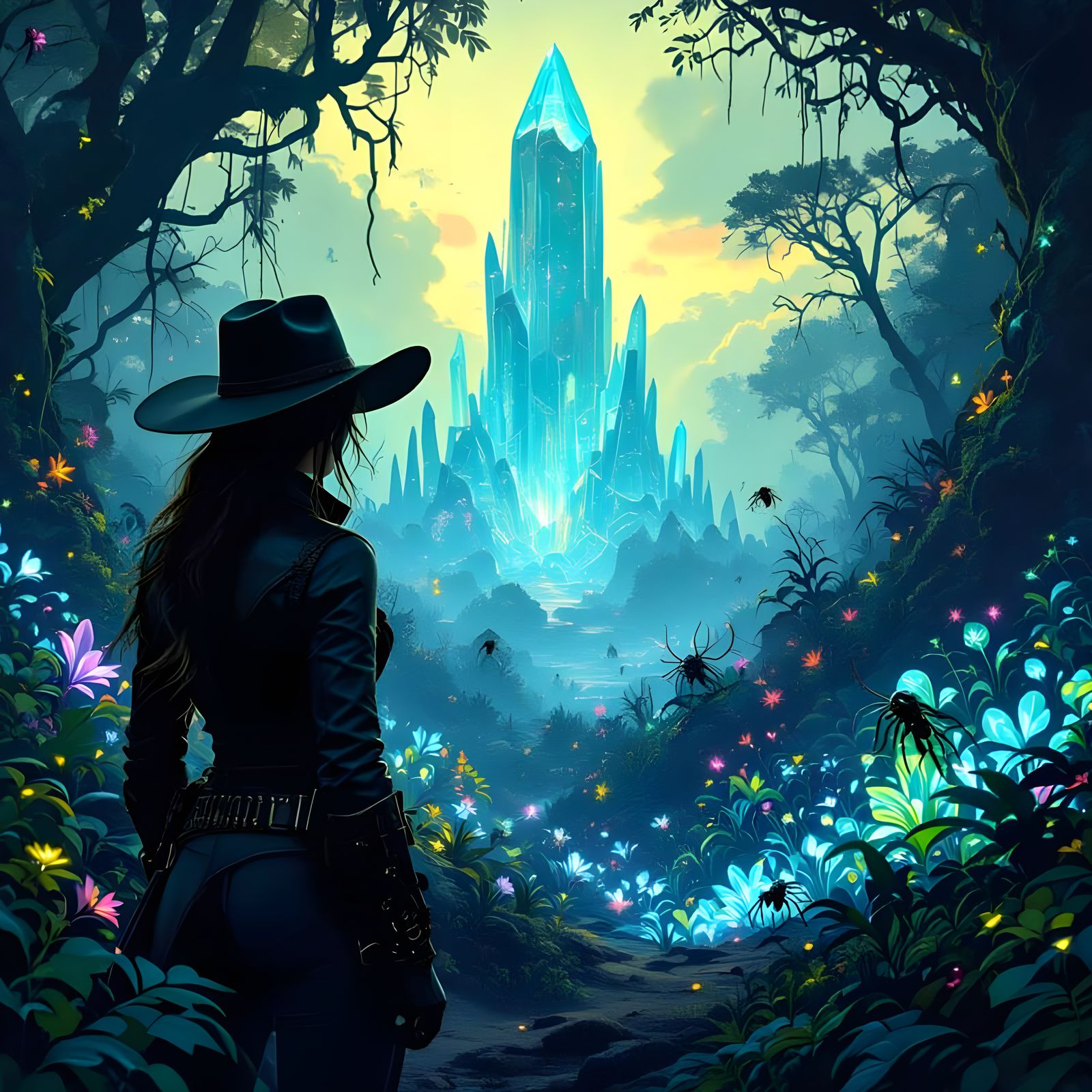 Stoic Sheriff at Alien Jungle Edge in Art Nouveau Style