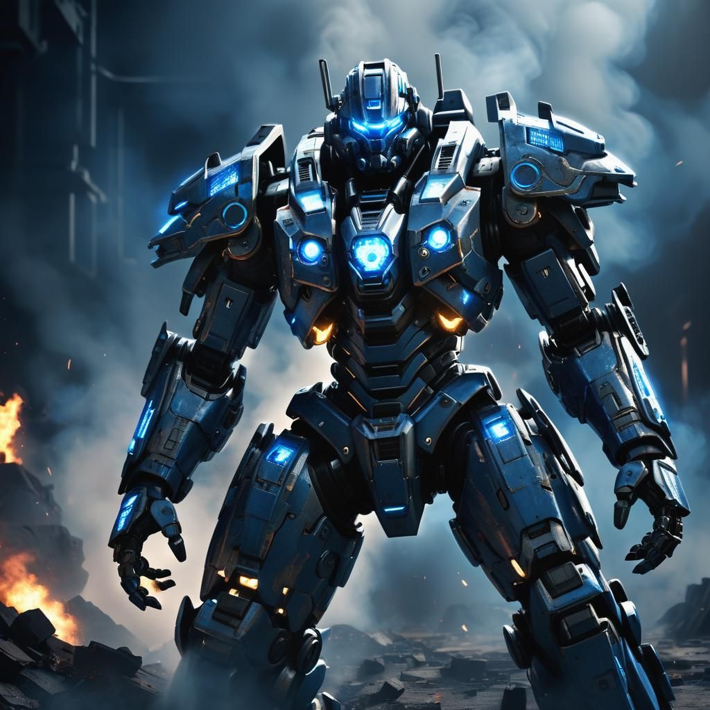 Heroic Armored Mech Suit in a Dark Environment