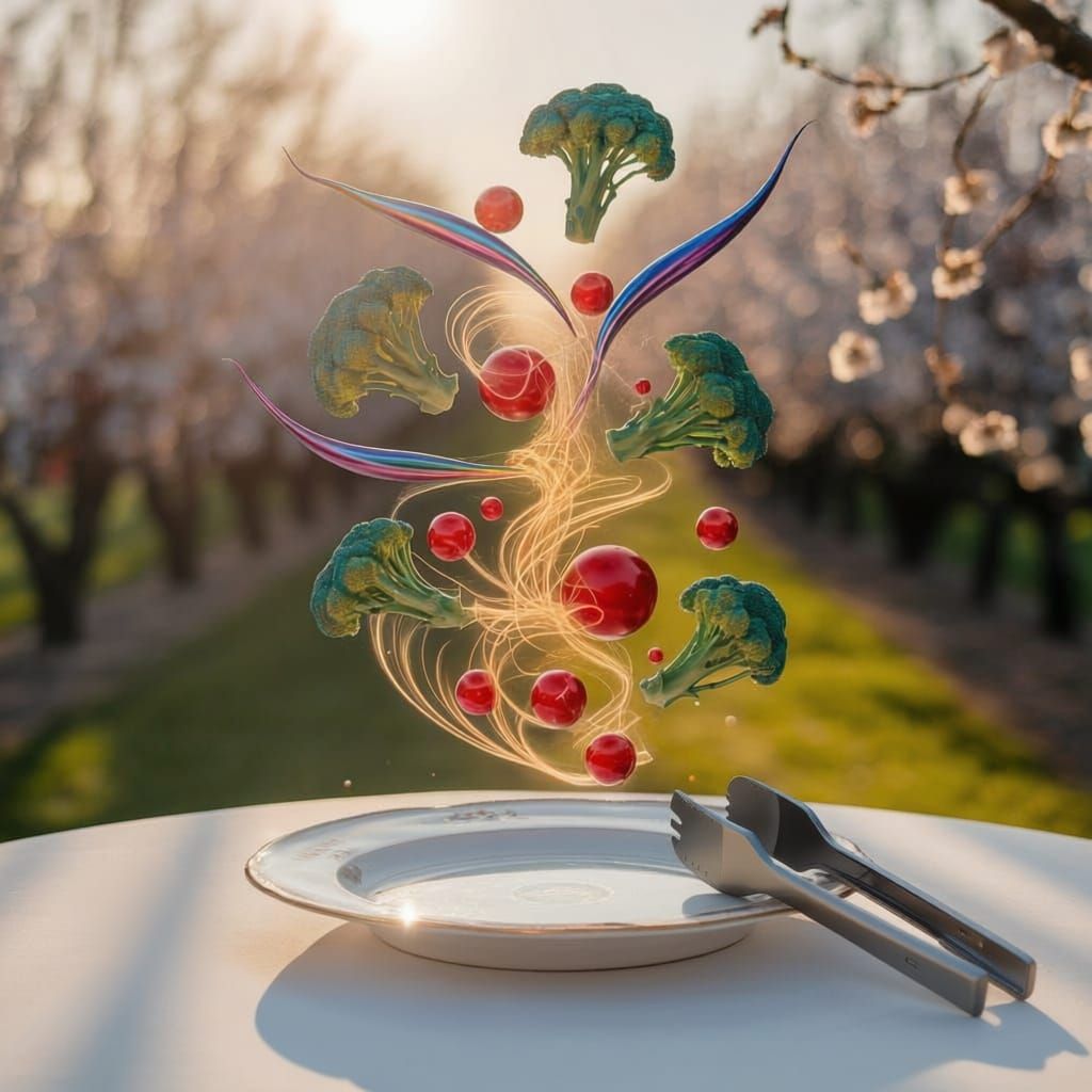 Magical Floating Salad in Sunlit Orchard