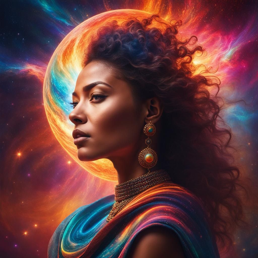 Radiant Woman with Cosmic Energy in Hyperrealistic Style
