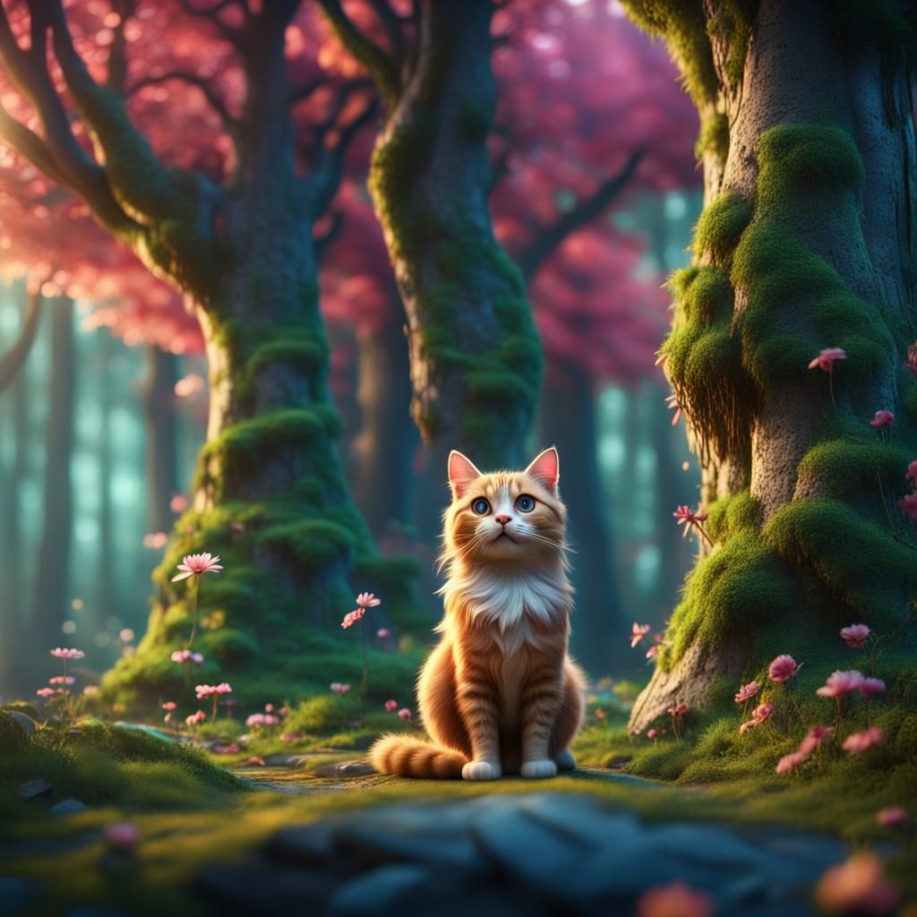 Funny Cat Guards Fairytale Forest in 3D Render