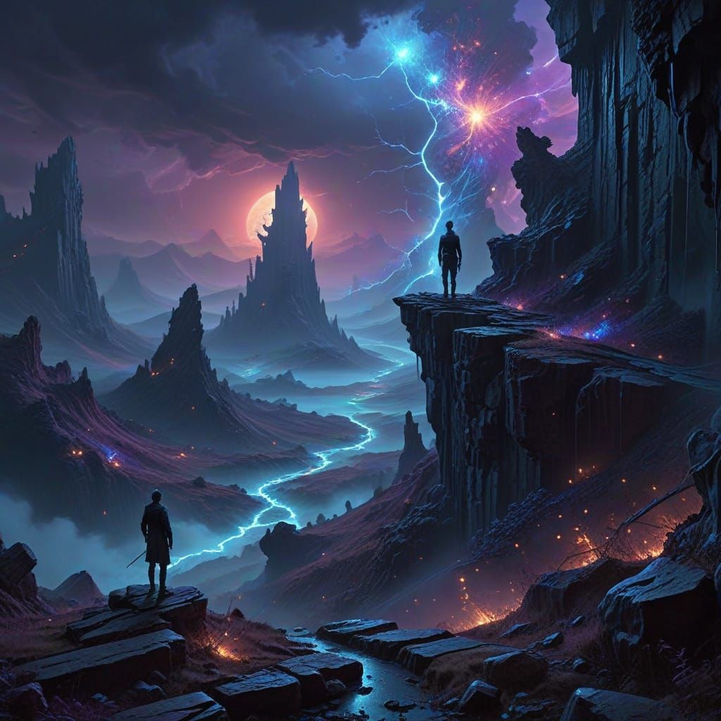 Lone Figure on Precipice Overlooking Fractal Landscape