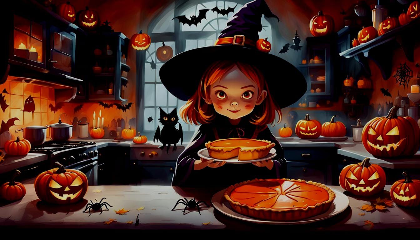 Halloween Kitchen Scene with Witch and Monsters