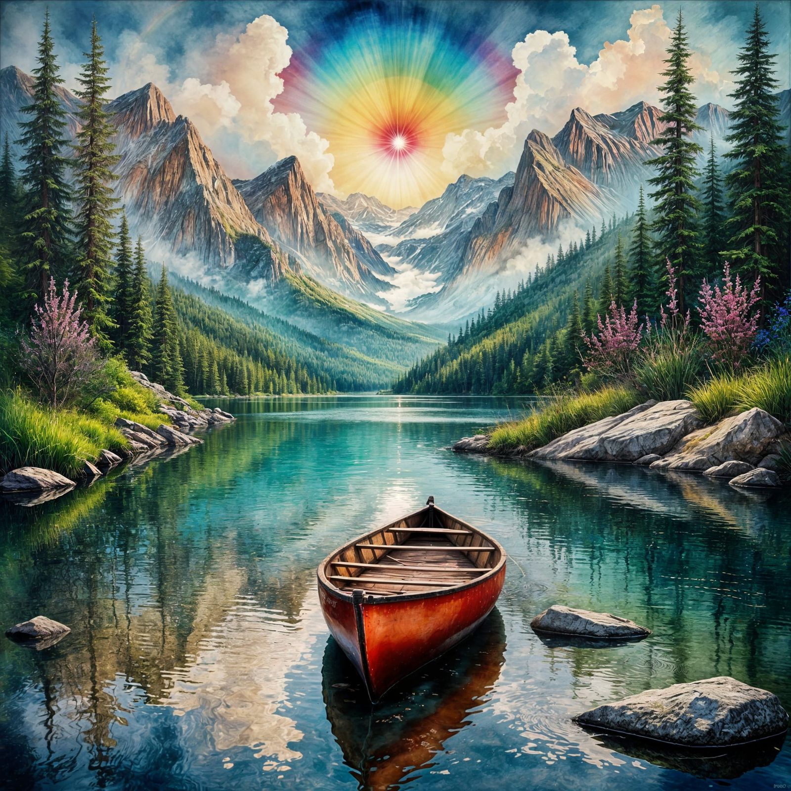 Canoe on Mountain Lake with Prism Rainbow