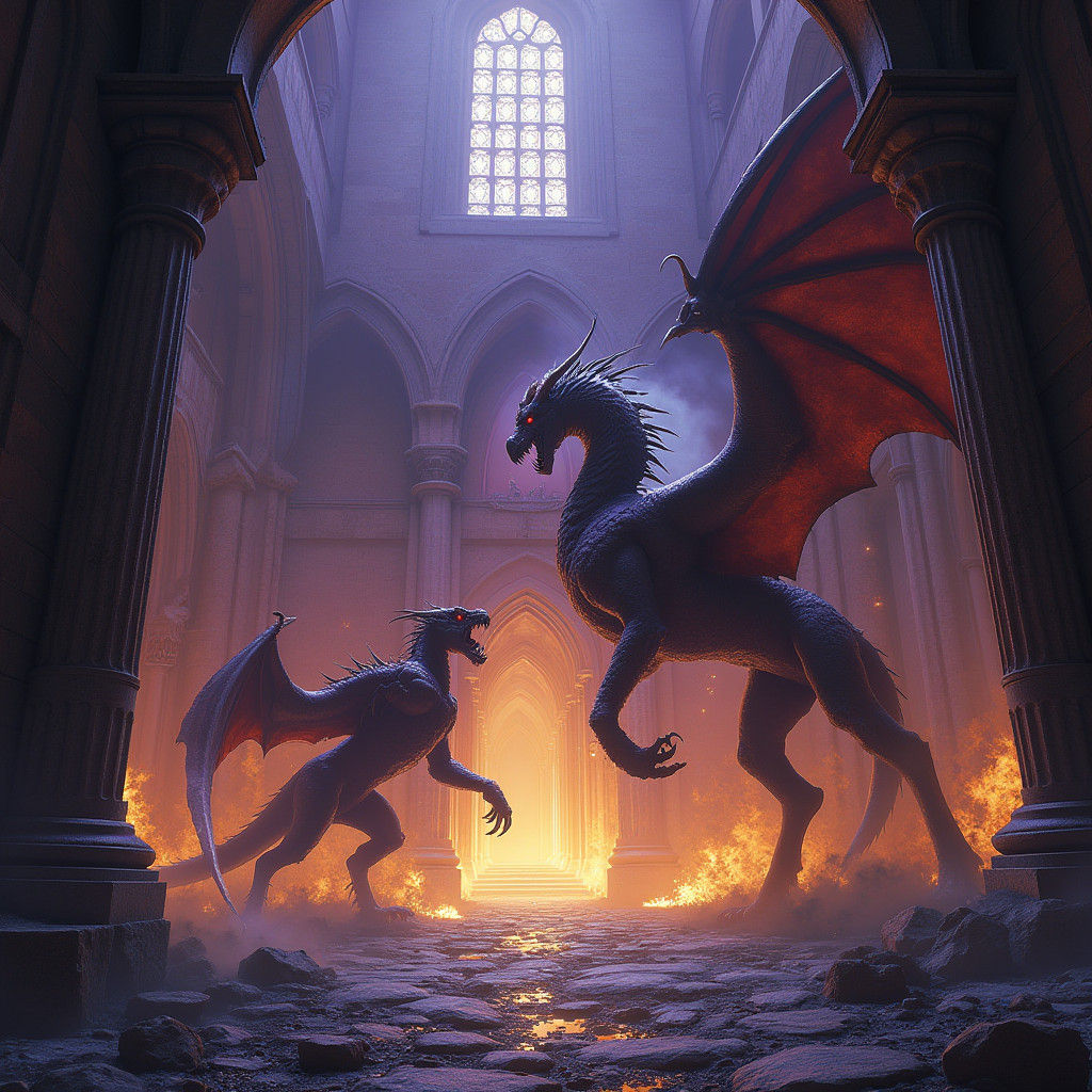 Chimera Battle in Ruined Castle, Detailed Fantasy Art