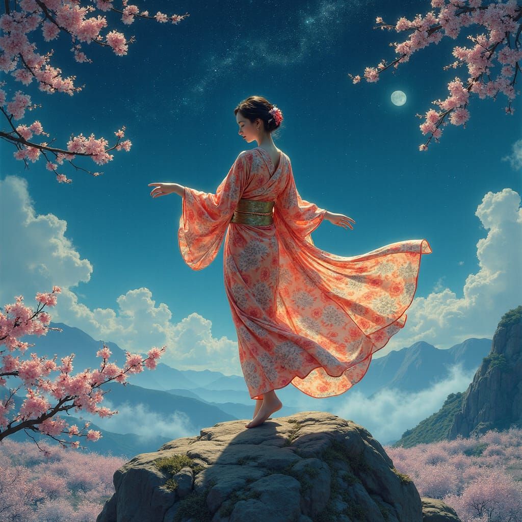 Ethereal Japanese Woman in Glass Reflective Kimono Balances ...