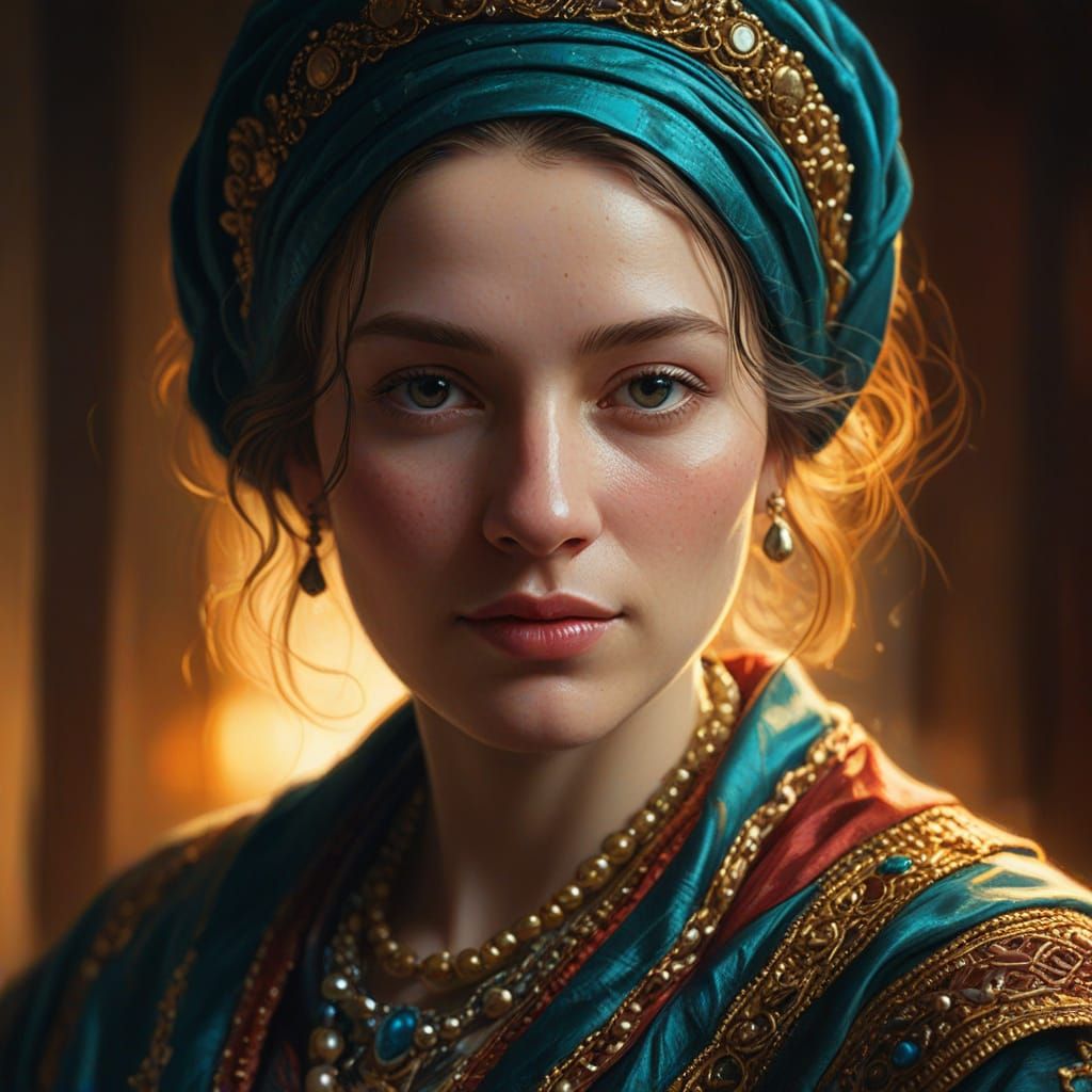 Woman in Crimson and Turquoise: Oil Painting