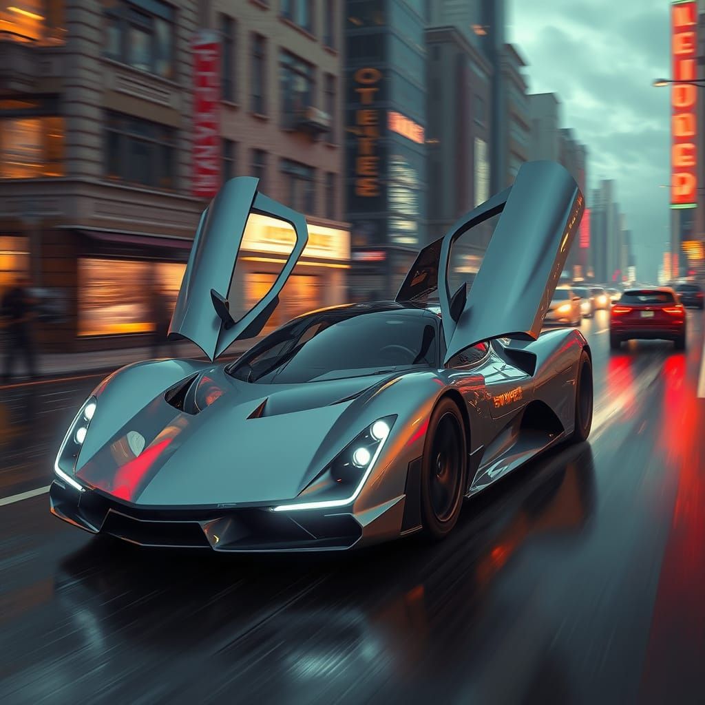Sleek Futuristic Sports Car Speeds Down City Street