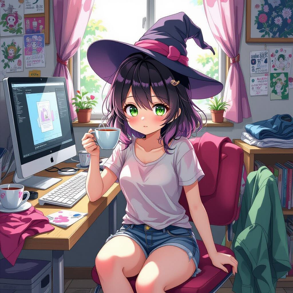 Young Witch With Pink Hair Uses Graphics Tablet