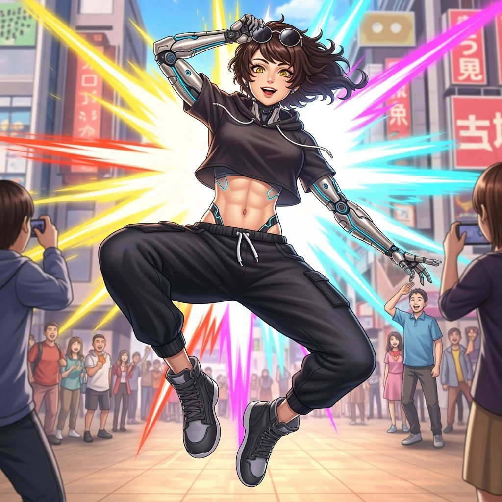 Cyborg Superhero Landing in Vibrant City Square