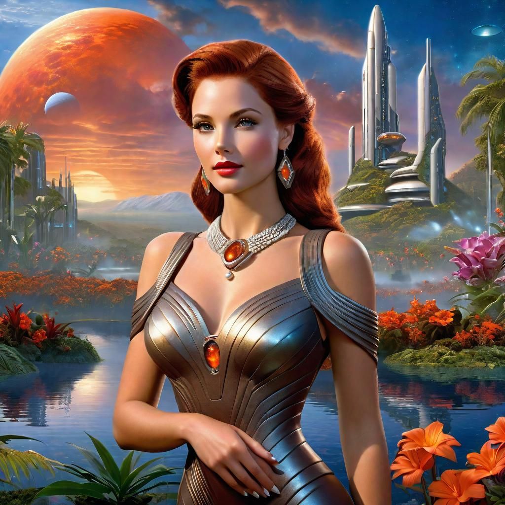 Futuristic Woman on Alien Planet in Holographic Style
