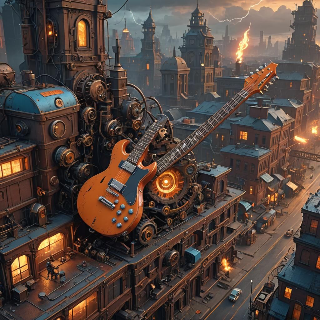 Steampunk Machine Generates Guitar Riffs in Fantasy Cityscap...