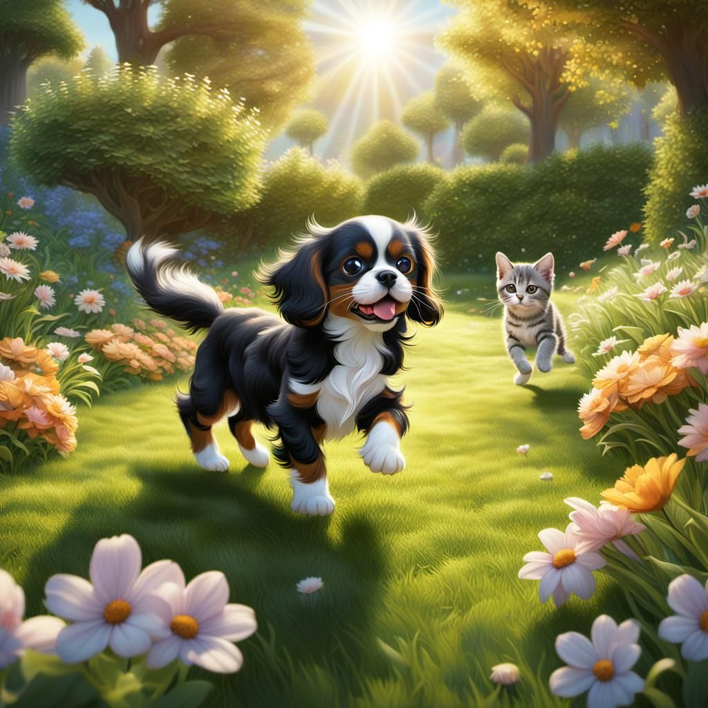 Playful Puppy and Kitten Chase, Fantastical Matte Painting