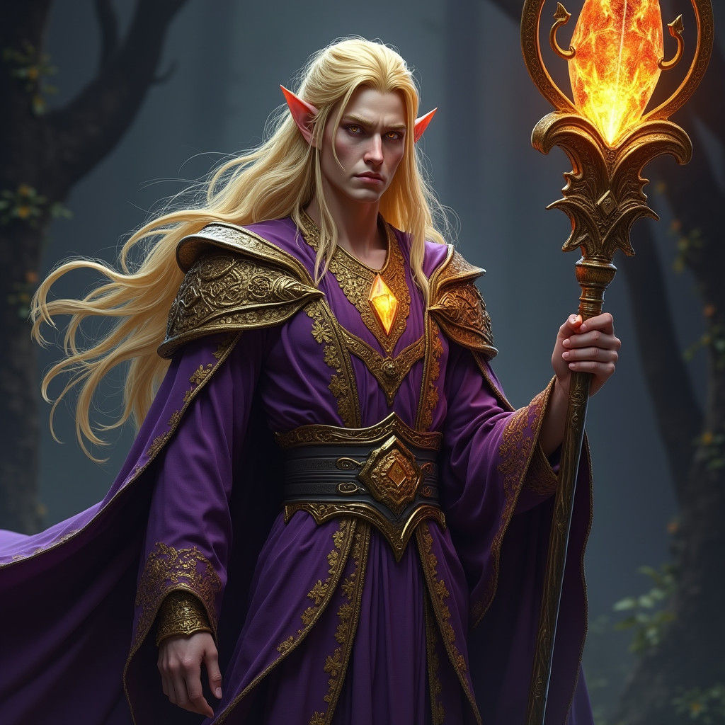 Arrogant Elf Wielding Magic Staff in Dark Fantasy Style
