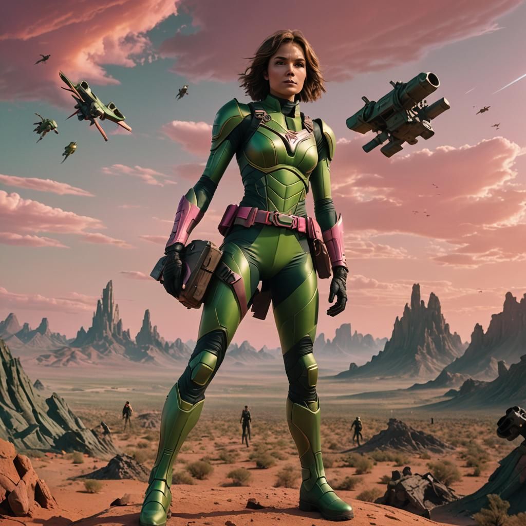 Superheroine on Barren Planet in Matte Painting Style