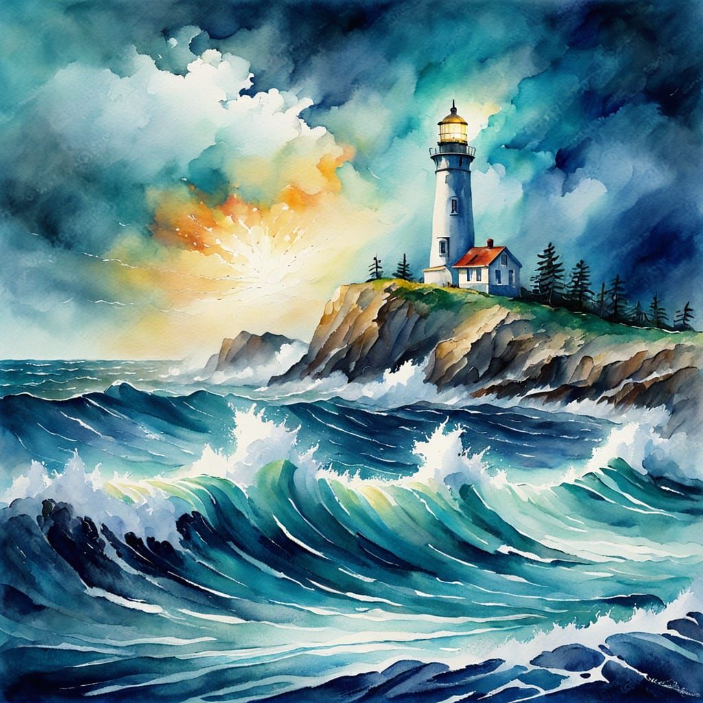 Lighthouse in Stormy Seas, Watercolor Impressionist Masterpi...