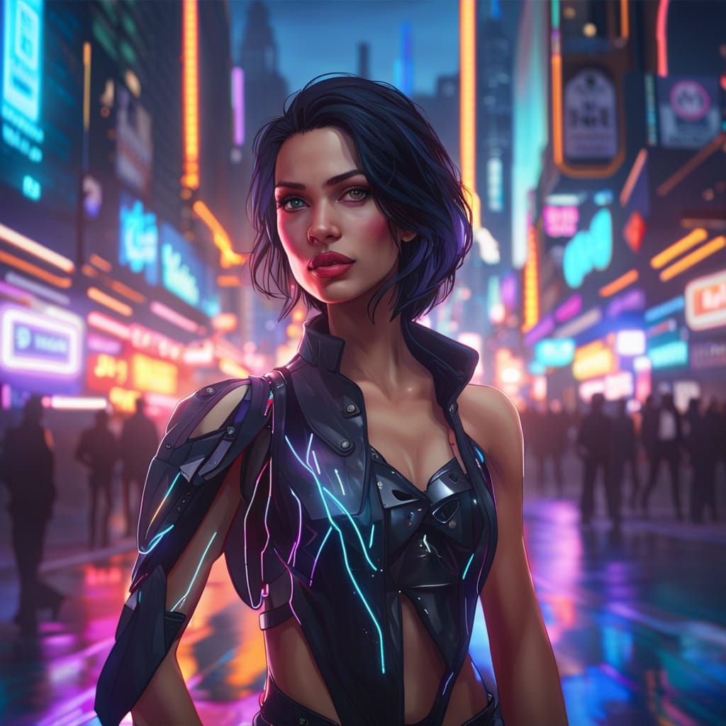 Futuristic Girl in Neon Cityscape Portrait