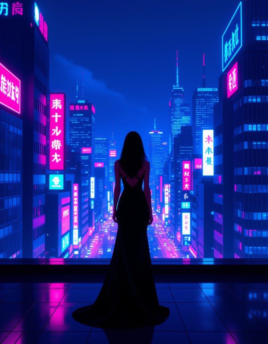 Lone Woman on Rooftop Overlooking Neon Cityscape