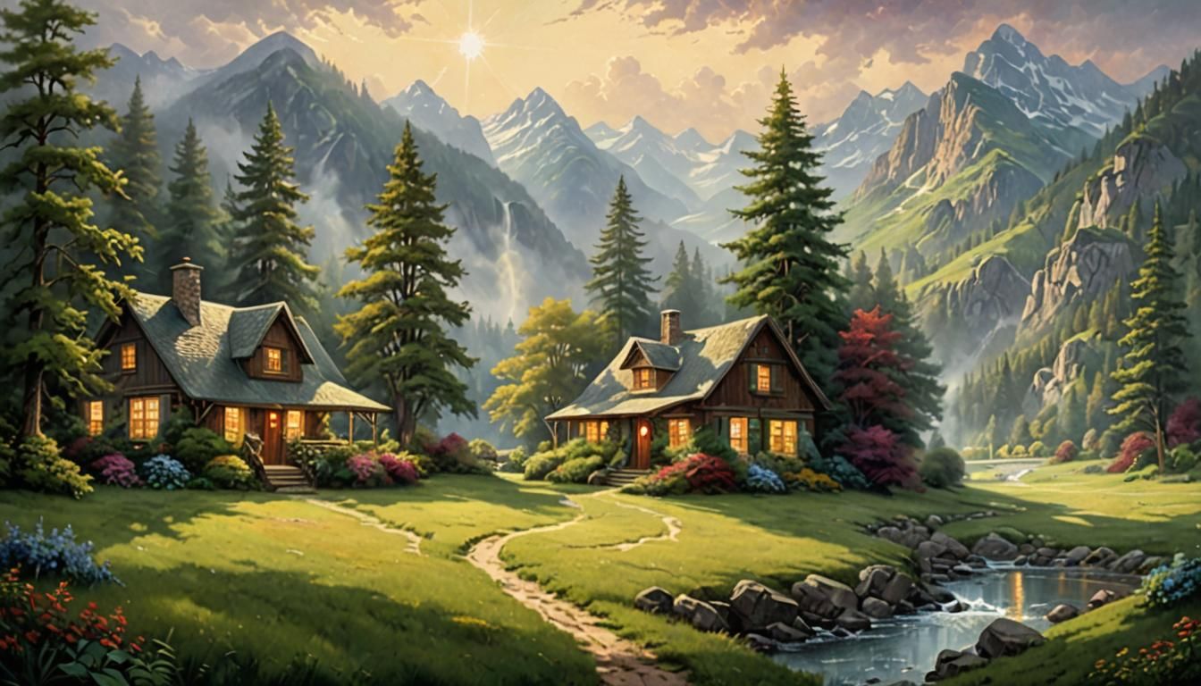 Ethereal Fantasy Landscape with Cottage in Sunlight