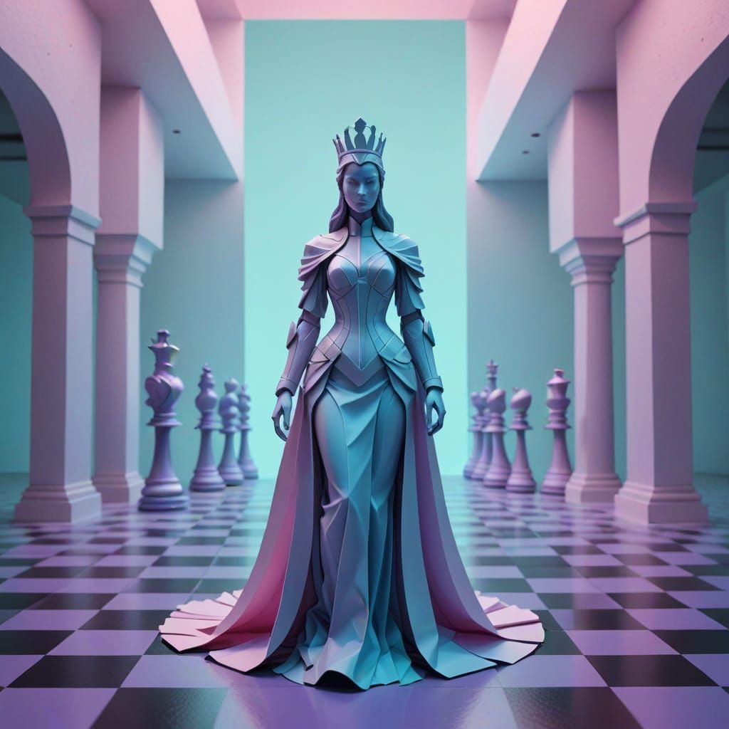 Vaporwave Chess Goddess in Neon Atrium