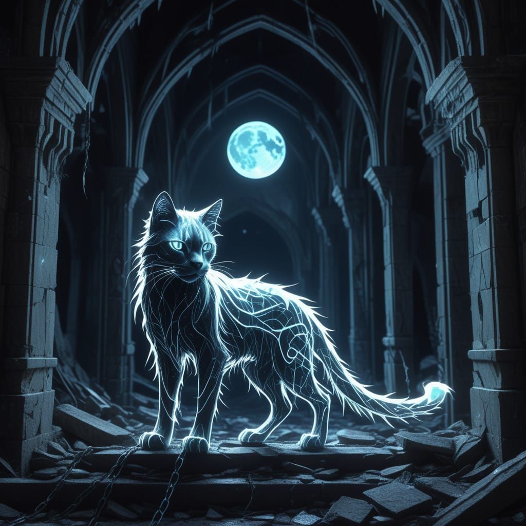 Spectral Cat in Moonlit Gothic Ruins