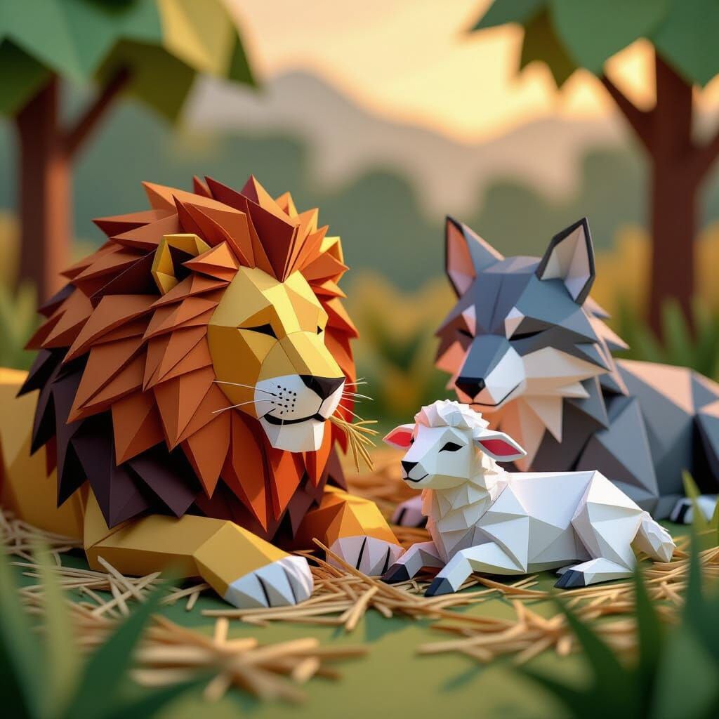 Peaceful Lion and Ox with Wolf and Lamb in Origami Style