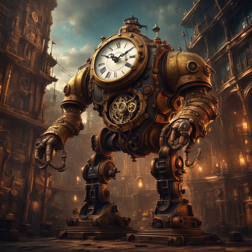 Steampunk Clock Golem in Detailed Matte Painting