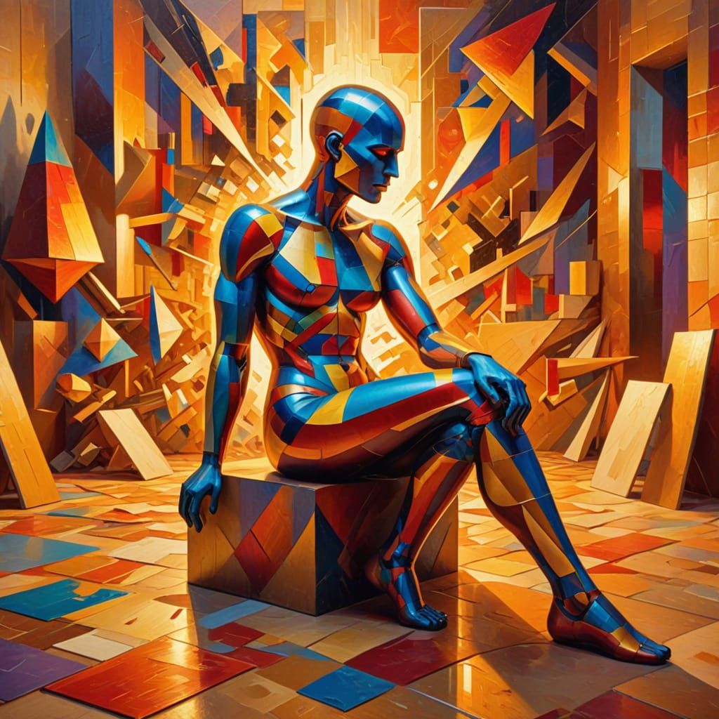 Abstract Cubist Room with Person in Golden Light