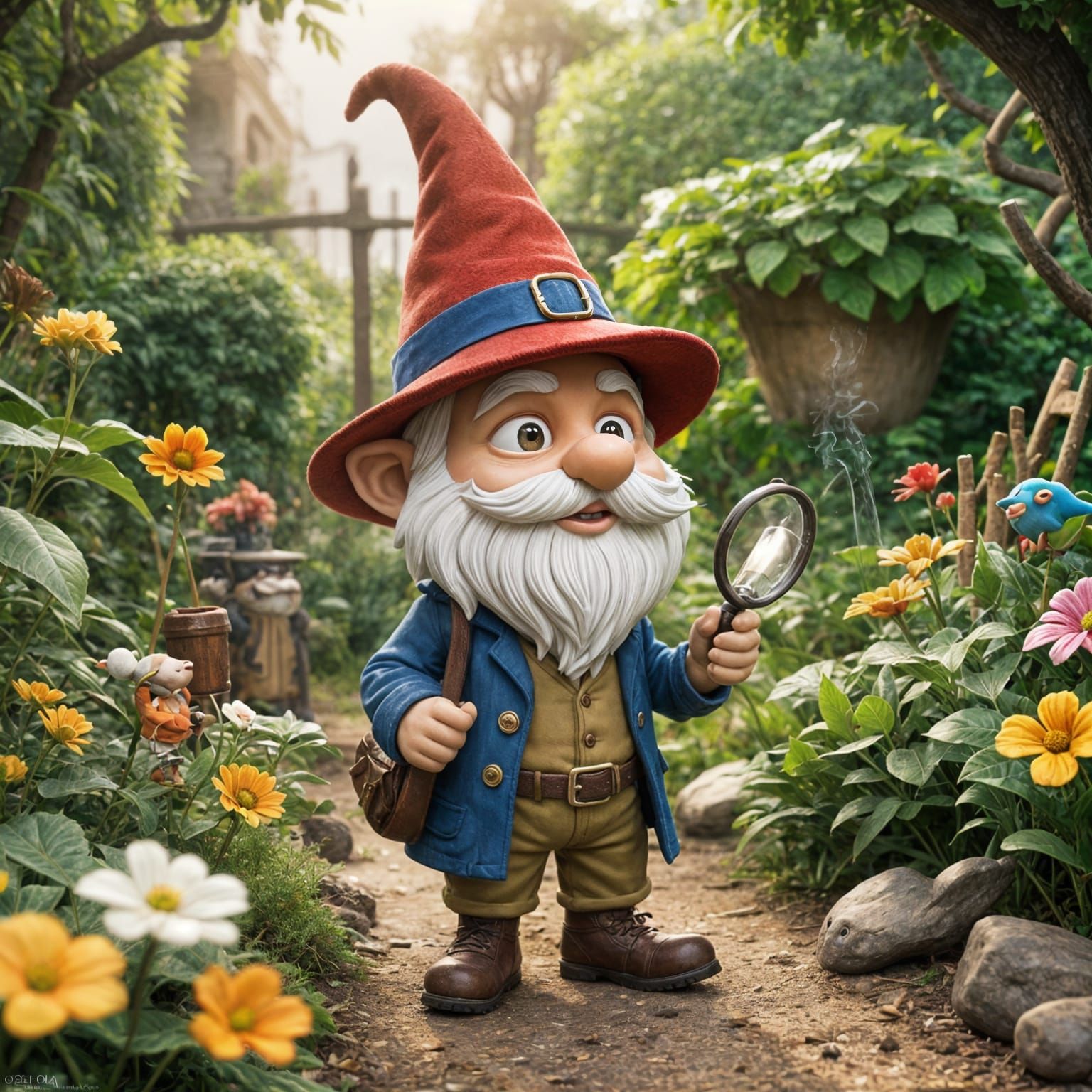 Whimsical Gnome Detective in Enchanted Garden