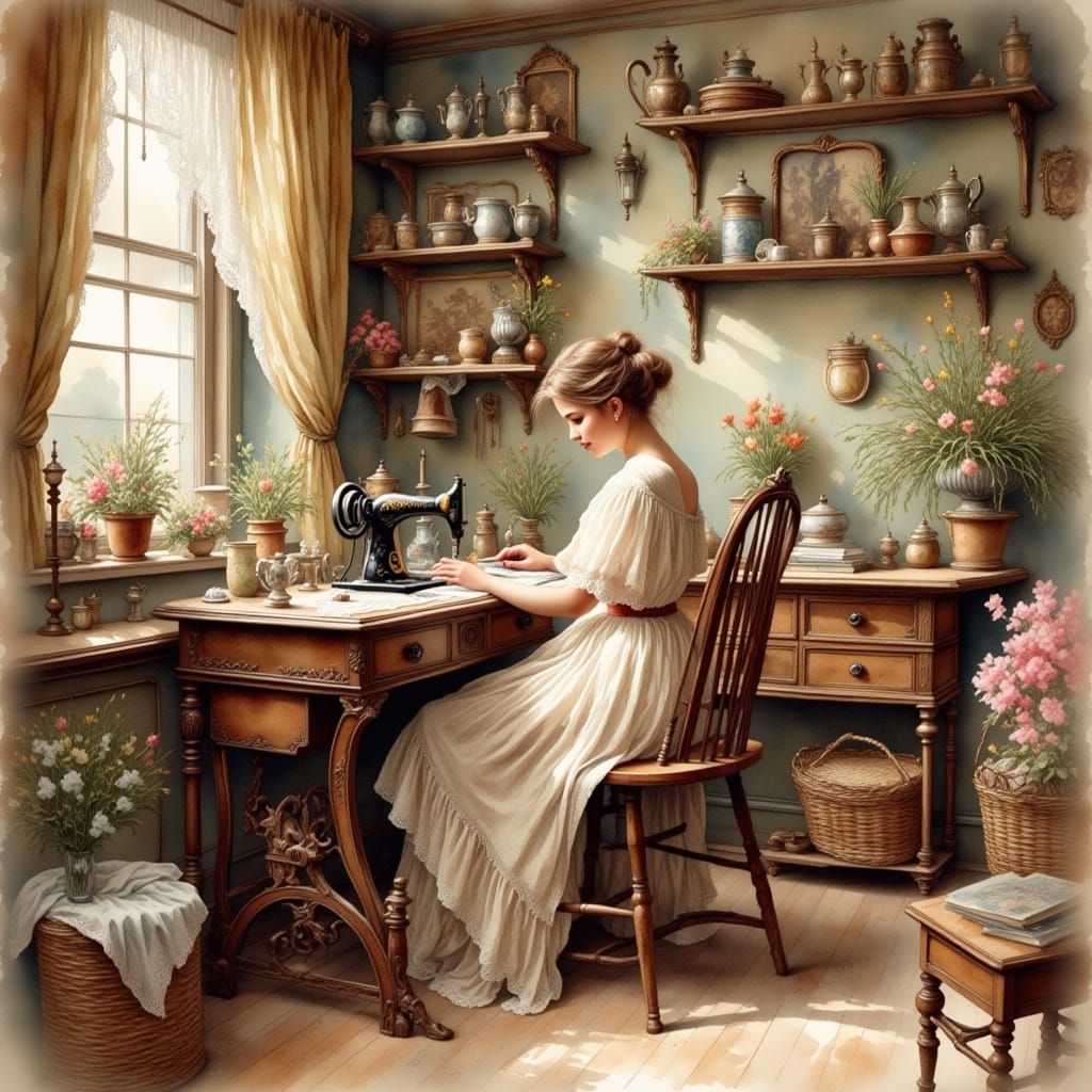 Nostalgic Sewing Room in Antique Watercolor Style