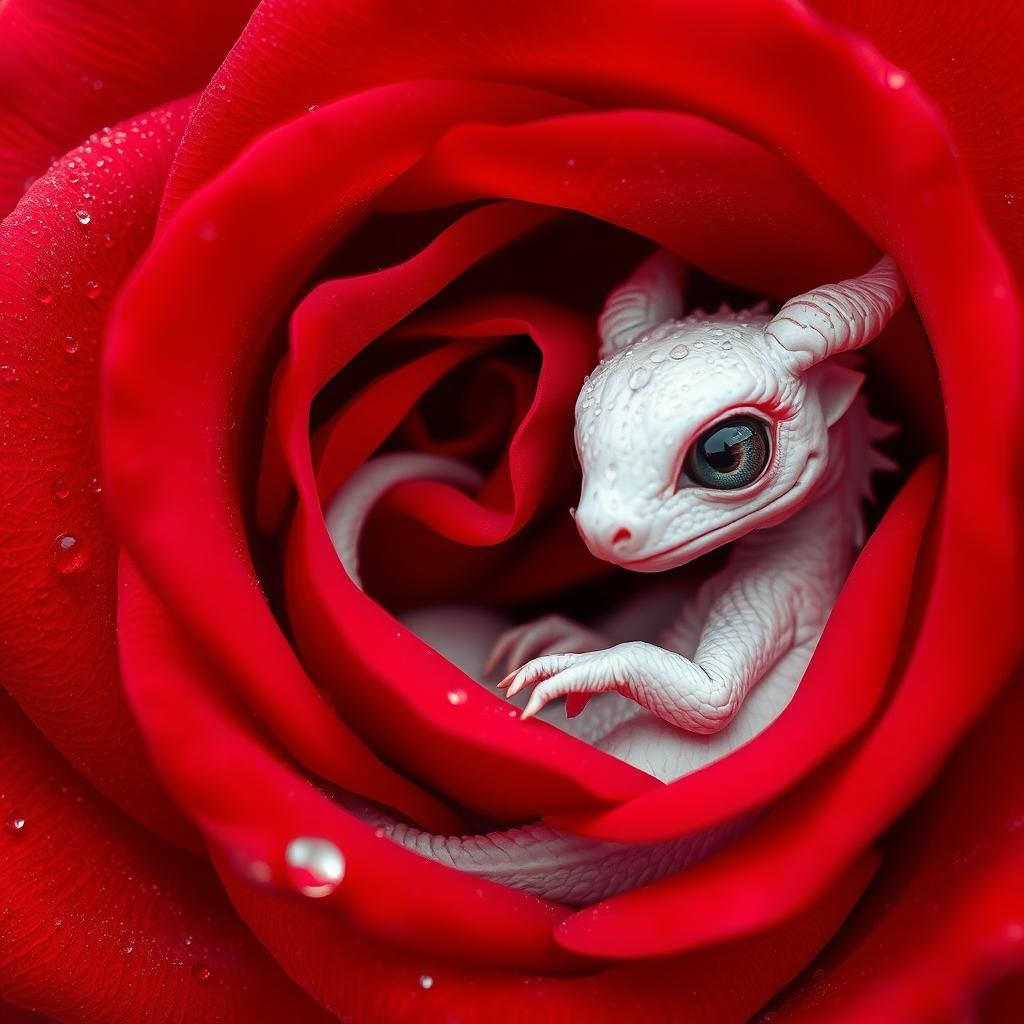 Tiny Baby Dragon in Red Rose with Dew Drops