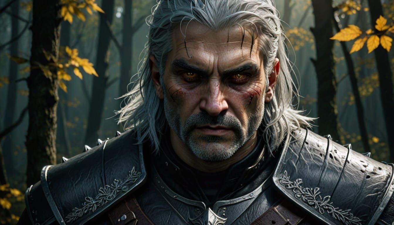Geralt of Rivia, real life, weathered face, piercing yellow ...
