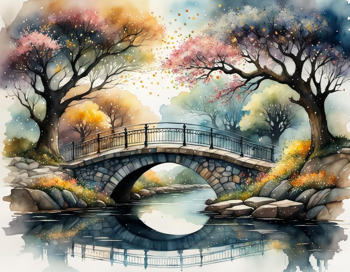 Picturesque Bridge Under Blooming Tree in Watercolor Style