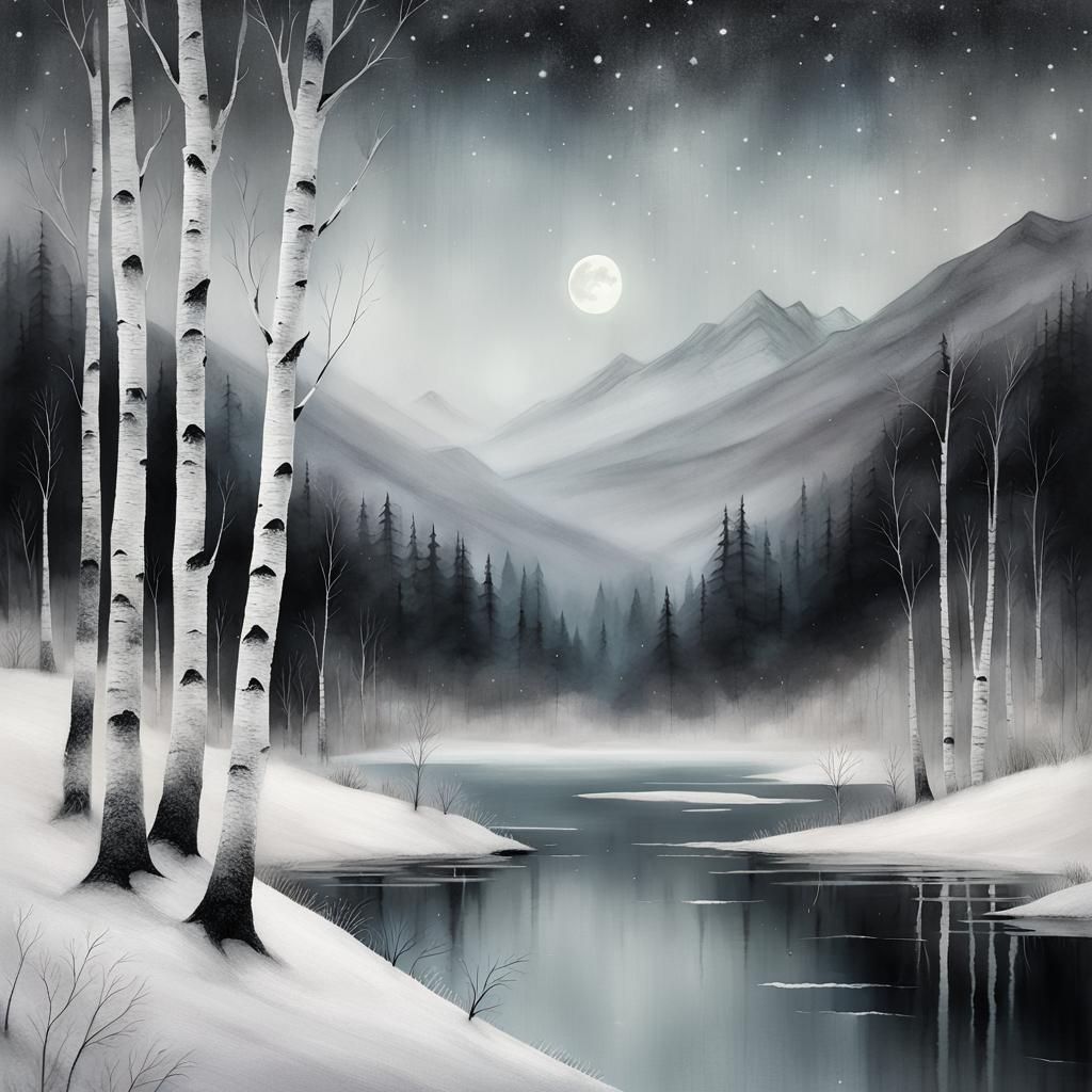 Misty Winter Nightscape with Birch Forest