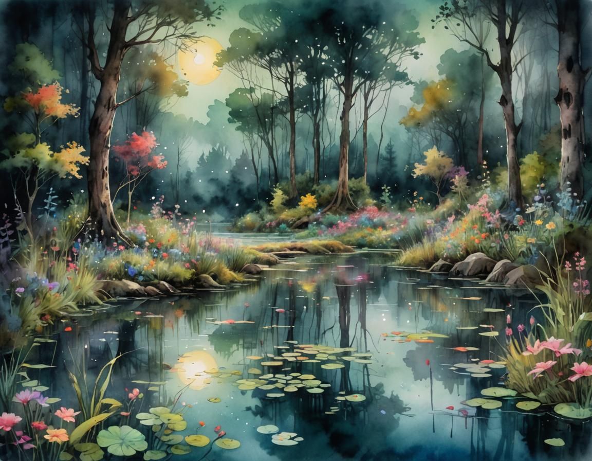 Serene Summer Night Pond: Watercolor Fantasy