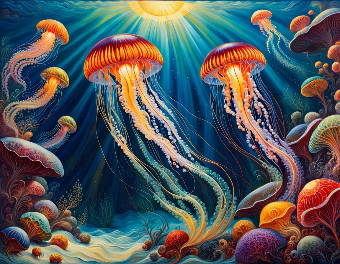 Colorful Jellyfish Painting in Post-Impressionist Style