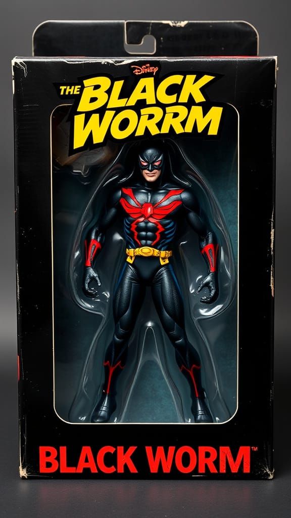 Retro-Style Action Figure Box with The Black Worm Superhero
