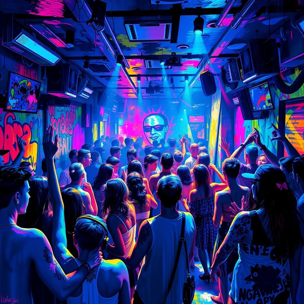 Energetic Nightclub Scene in a Vibrant, Futuristic Style