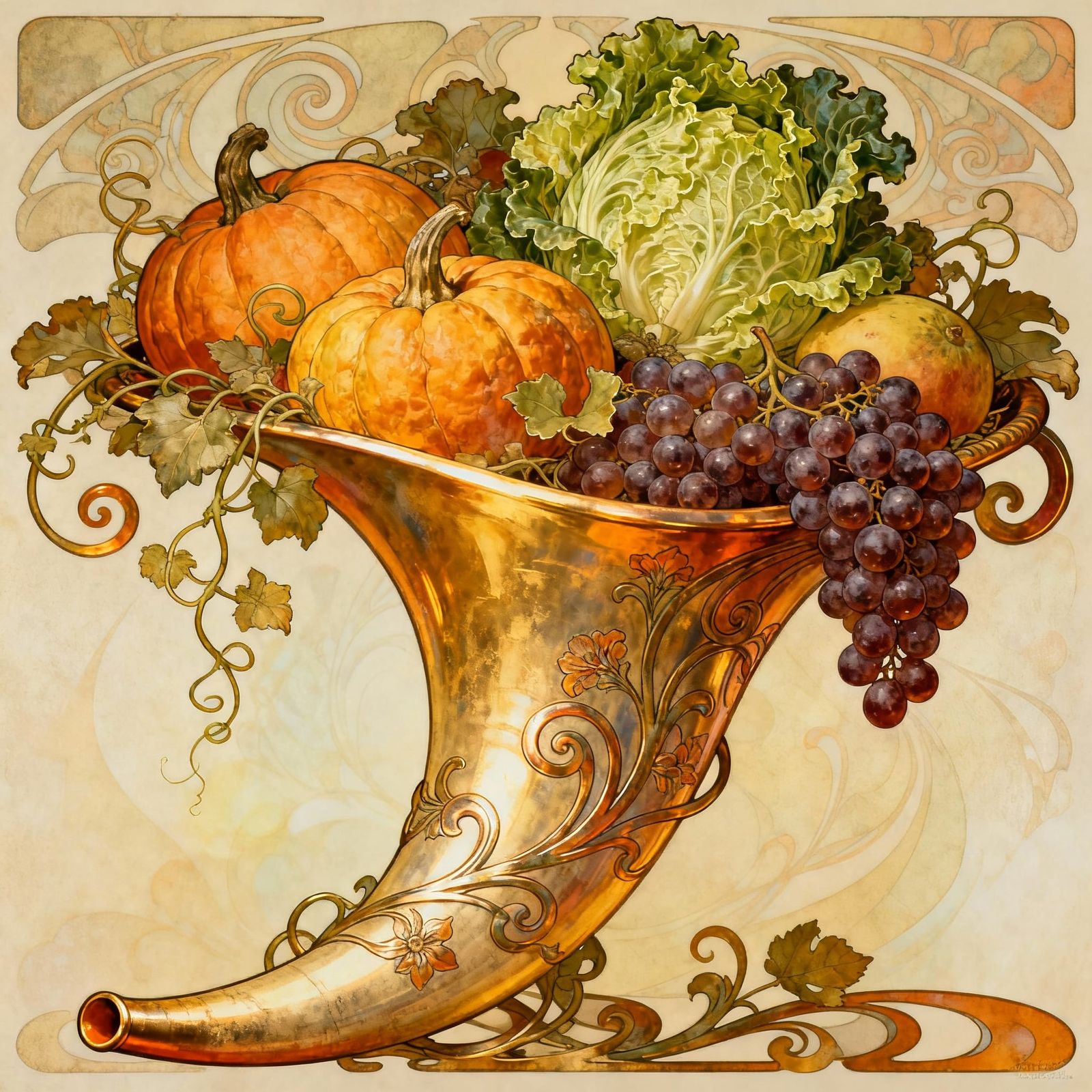Abundant Harvest Cornucopia in Art Nouveau Style