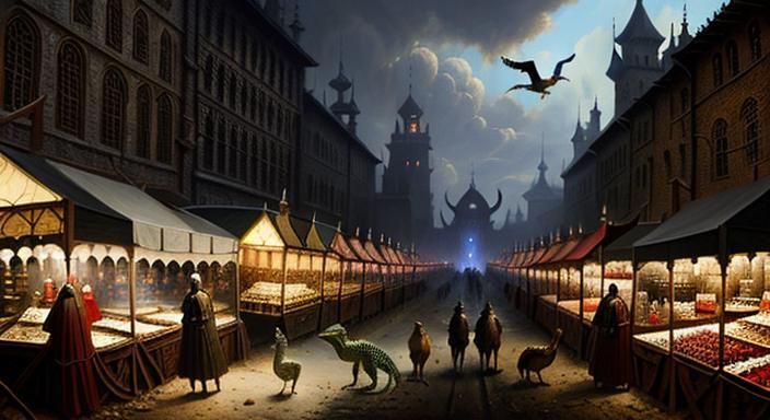 Medieval Market with Many Strange Animals, birds, lizards, a...