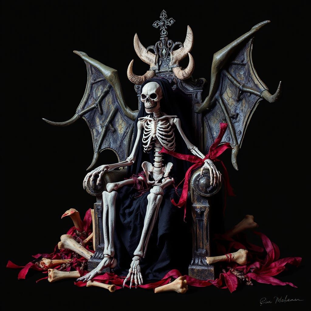 Gothic Gargoyle Skeleton Reigns on Throne of Bones and Lycor...