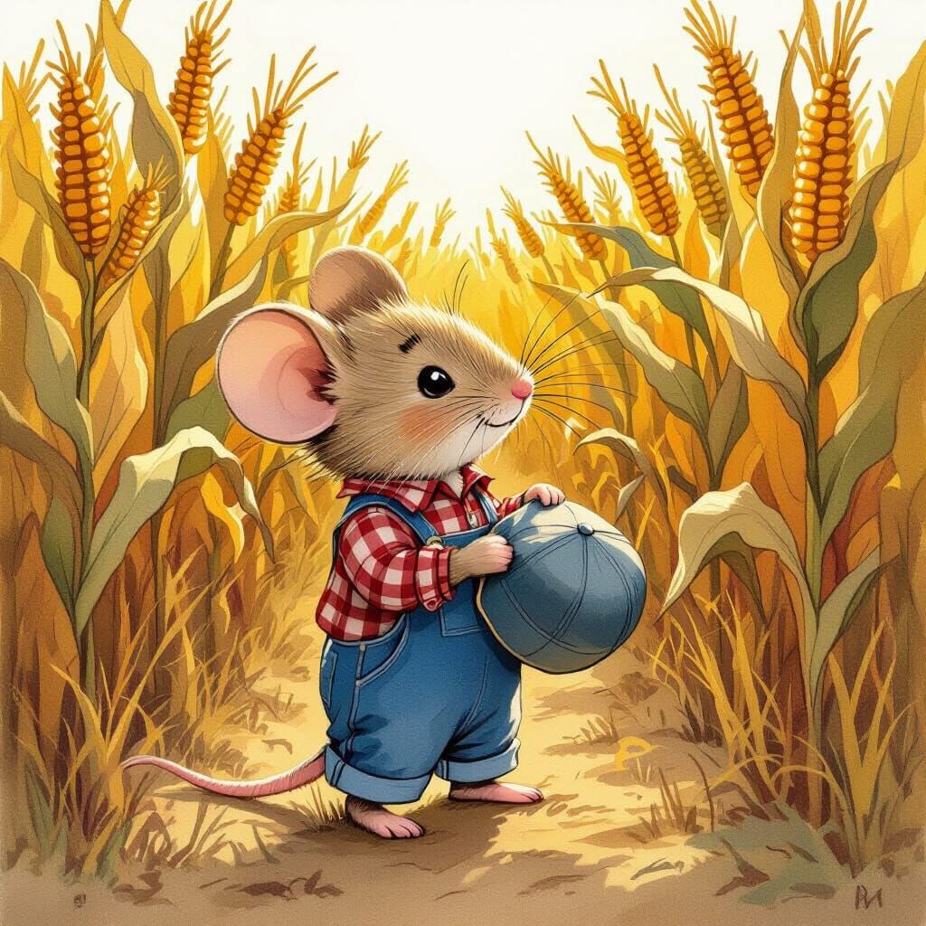 Mouse in Cornfield, Whimsical Art Style