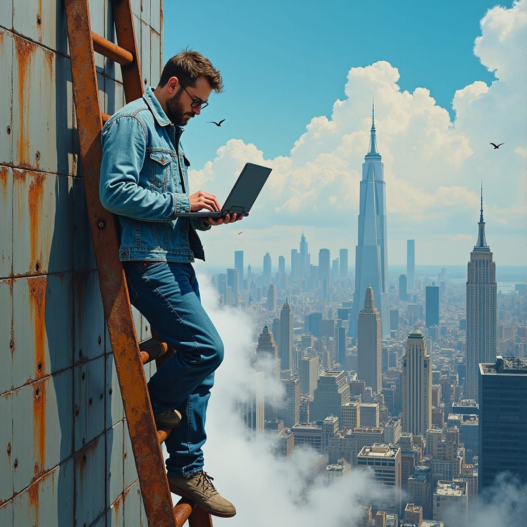 Man on Ladder Gouache Painting with Cityscape