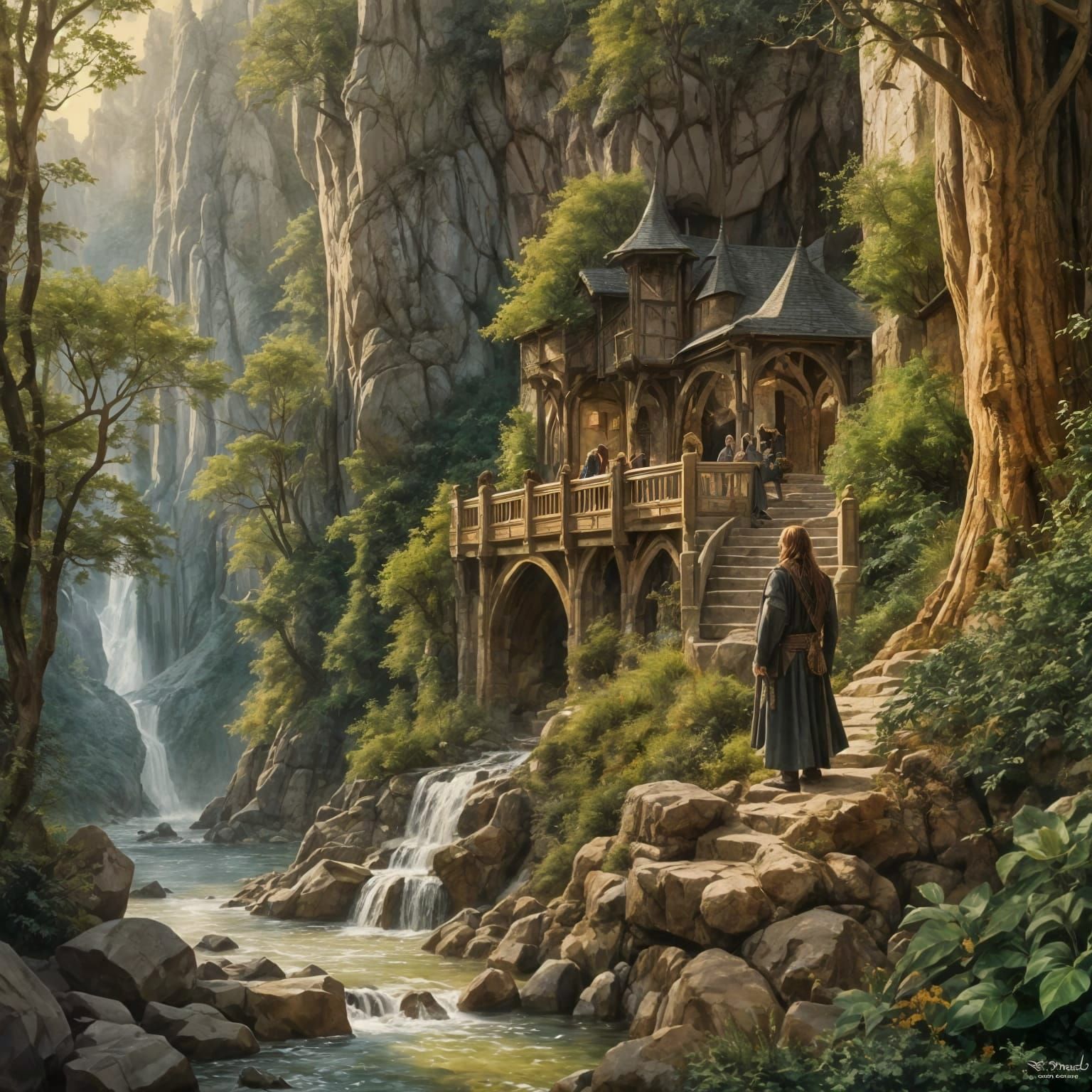 Fellowship at Rivendell in Watercolor Style
