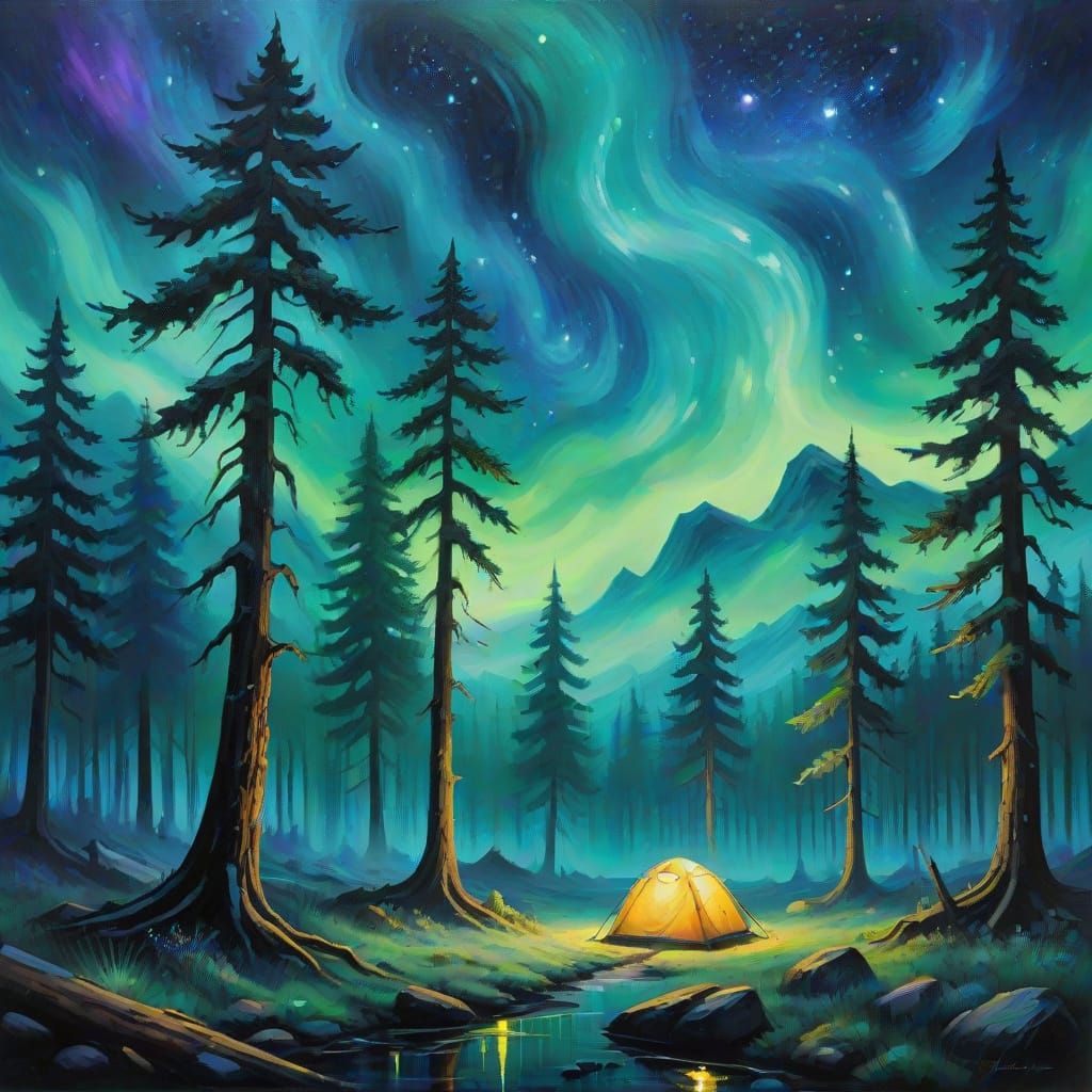 Eerie Camper in Emerald Forest: a Cyberpunk Oil Painting