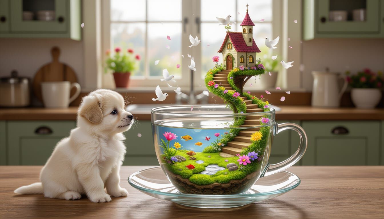 Fluffy Puppy Beside Magical Teacup Landscape
