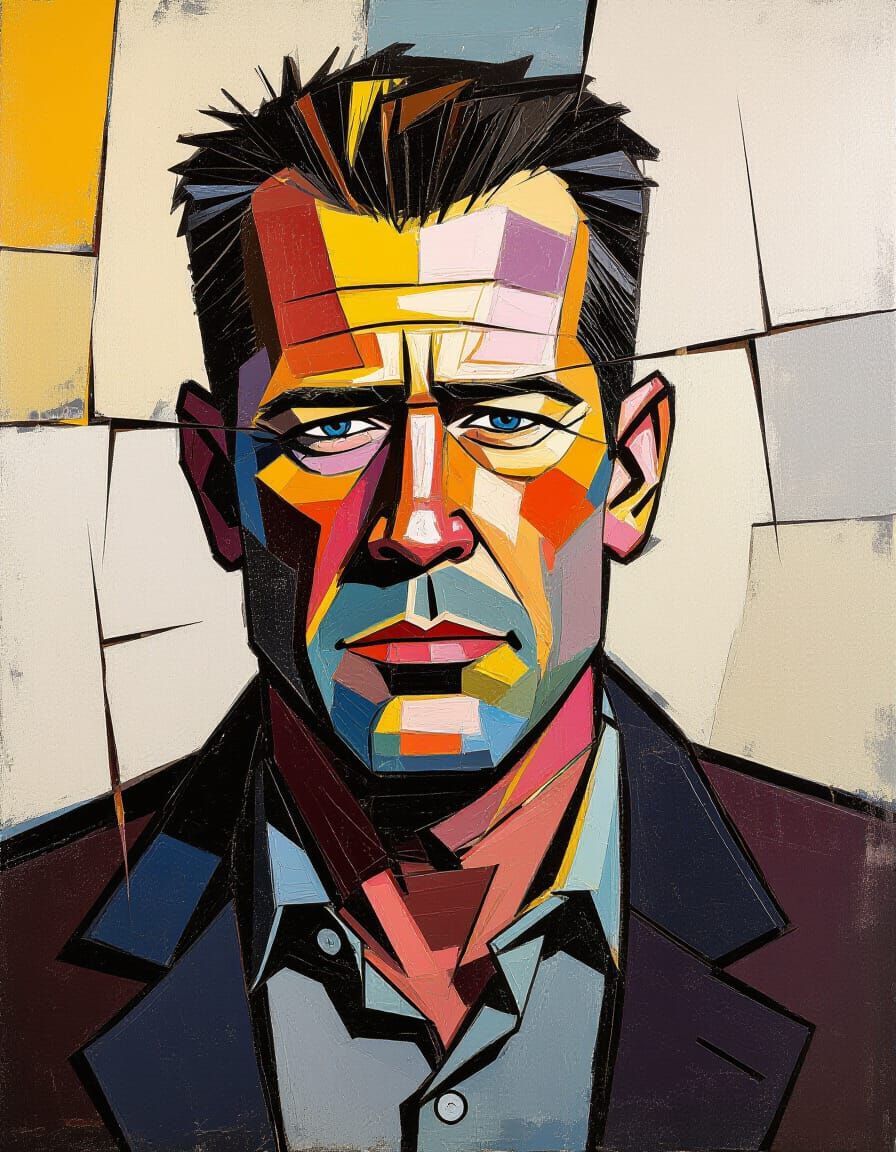 Fractured Oil Portrait of Weary Man in Impasto Style