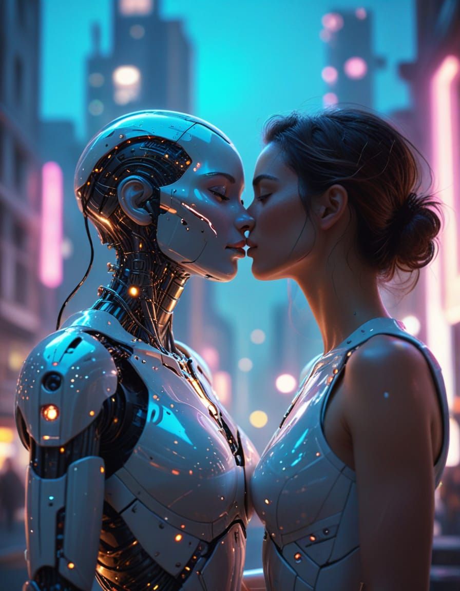 Romantic Moment Between Human and Android