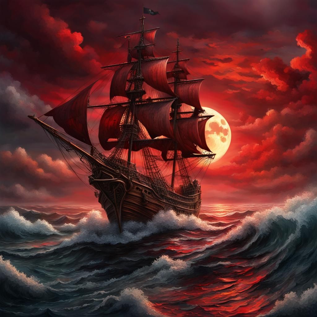 Detailed Pirate Ship on Wild Sea at Night